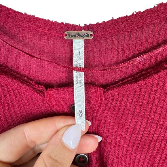 Free People Benedict Henley Strawberry Red Waffle Knit Oversized Hi Low Tunic - Picture 15 of 16